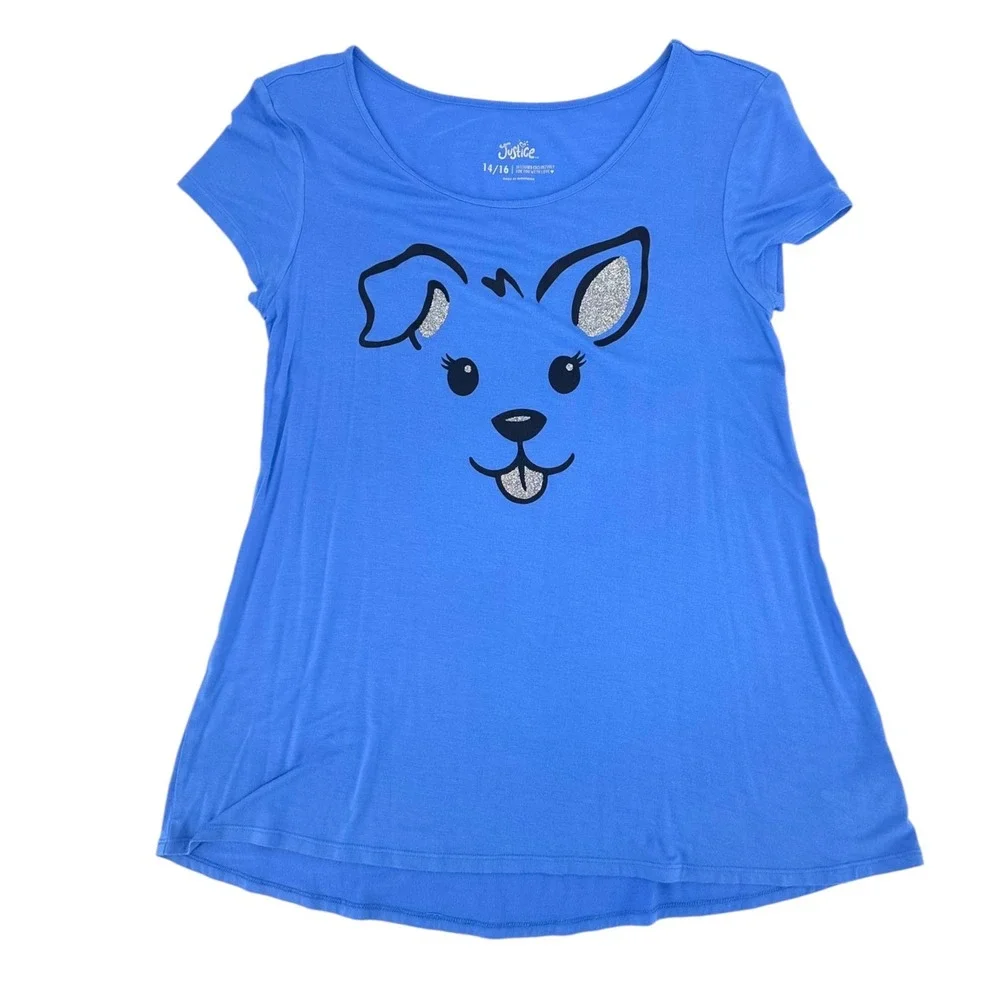 Justice Girls Graphic T-Shirt Tunic XL 14/16 Blue Puppy Dog Glitter Short Sleeve